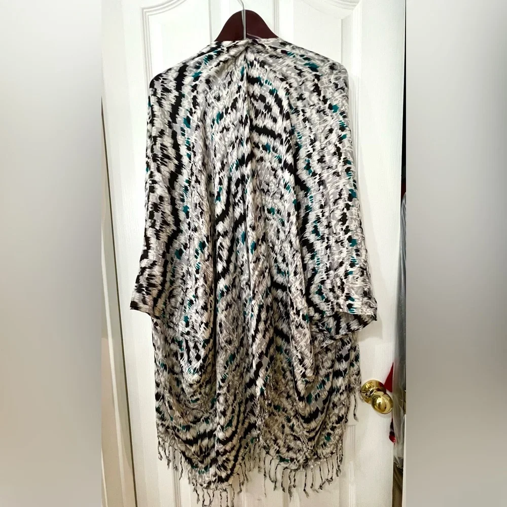 Tart Black, White & Blue Printed Swim Coverup with Fringe